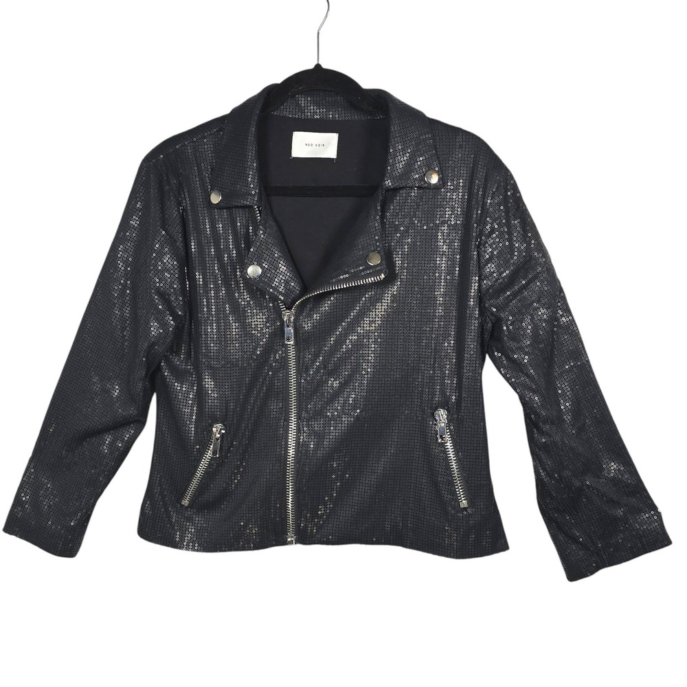 Neo Noir Newcastle Black Sequin Moto Jacket‎ Womens Large Asymmetrical Zip Glam